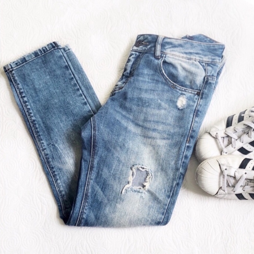 ZARA Boyfriend Denim Slim Straight Distressed Jean Premium Denim Mid Ris…